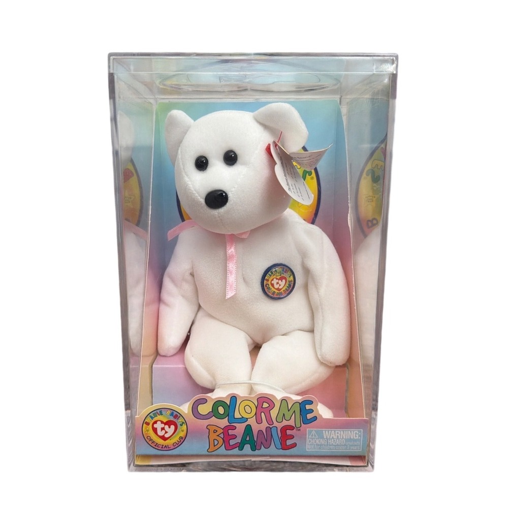 Ty COLOR ME Beanie Baby Bear White Plush Kit with Markers New in Box 2002